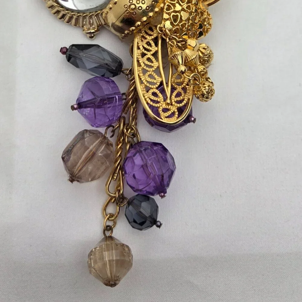 Vintage Maximalist Assemblage Brooch - Gold Tone with Purple Dangle Charms